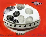Bird's egg and feather on orange by Mary Fedden, 1987, gouache and watercolour, sold Dec 2015