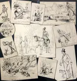 Trompe l'oeil Assemblage of Sketches of hunting scenes,initialled,15 x 15in by Randolph Caldecott, ink, sold Dec 2015