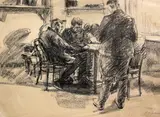 3 drawings in ink, sanguine chalk and black chalk,Studies of Civil Defence personnel,all signed, two dated 1941/1942,22 x 15in., unframed by Hubert Arthur Finney, 1941, ink, sold Dec 2015