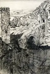 3 etchings,Alcantara Bridge, Toledo; Aregon, The Old Bridge and City on The Hill by Frederick Carter, pencil, sold Dec 2015