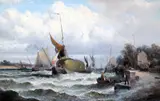 Shipping along the coast at sunset and Hay barge in an estuary by Charles Anslow Thornley, oil, sold Oct 2015