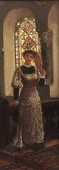 Woman standing in a church interior by Charles Frederick Lowcock, oil on board, sold Oct 2015