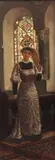 Woman standing in a church interior by Charles Frederick Lowcock, oil on board, sold Oct 2015