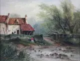 Figures beside a duck pond by Sarah Louise Kilpack, oil on canvas, sold Oct 2015