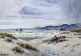 Beach scene, New Zealand by Henry Morland Gore, oil on card, sold Oct 2015