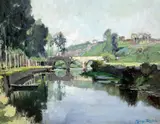 Bridge in a river landscape by Georges Charles Robin, oil on board, sold Oct 2015