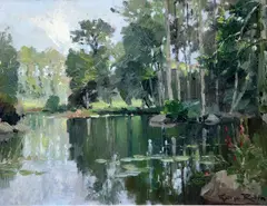 Lake scene by Georges Charles Robin, oil on board, sold Oct 2015
