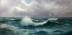 Seagulls flying over waves by Daniel Sherrin, oil on canvas, sold Oct 2015