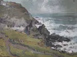 Polperro Cliffs and Peak Rocks by Hurst Balmford, oil on card, sold Oct 2015