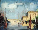 Fishing boats in harbour by William Ludlow, oil on board, sold Oct 2015
