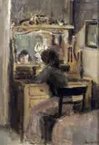 2 oils on board,Twilight on Alnmouth Beach and Girl at the mirror,both signed and dated 1973,7 x 11.75in by Edward Dawson, 1973, oil, sold Oct 2015