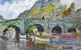 Figure on a stone bridge by Ronald Ossory Dunlop, oil on board, sold Oct 2015