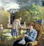 In the Garden by Bernard Dunstan, oil on board, sold Oct 2015