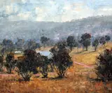 4 oils on board,Farm in the Eldorado hills; Morning sunlight, Eldorado; The Kiewa Valley and Dusk in the Mitta Valley by John Colin Angus, oil, sold Oct 2015