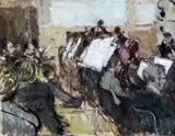 The BBC Symphony Orchestra rehearsing at Broadcasting House,initialled, Agnews label verso,9.5 x 12.5in by Bernard Dunstan, oil on board, sold Oct 2015