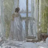 Window in Venice,initialled, Agnew & Sons label verso,11.75 x 11.75in by Bernard Dunstan, oil on canvas board, sold Oct 2015