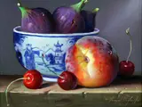 Still life of fruit and a Chinese bowl by Raymond Campbell, oil on board, sold Oct 2015