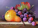 Pear with grapes by Raymond Campbell, oil on board, sold Oct 2015