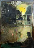 Sleeping figure with houses and flames viewed through the window,47.5 x 35.5in by Harold Mockford, oil on board, sold Oct 2015