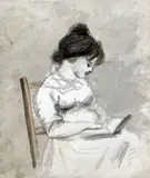 Study of a seated woman reading a book,Abbott & Holder label verso,4.5 x 3.75in by John Nixon, watercolour, sold Oct 2015