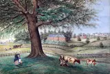 Naive landscape with farm workers, steam train and houses by Captain J.F.Boxer, watercolour, sold Oct 2015