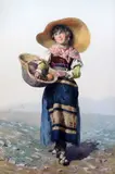 Peasant girl carrying a basket of fruit by Domenico De Angelis, watercolour, sold Oct 2015