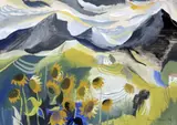 Mountain landscape with sunflowers by Harry Stevens, gouache on paper, sold Oct 2015