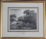 4 black chalk on paper drawings,Castle in a landscape and other views,Abbott & Holder labels verso,largest 7.25 x 9in by Thomas Monro, drawing, sold Oct 2015