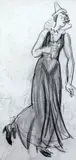 Woman wearing a pierette dress,Abbott & Holder label verso,12.5 x 6.5in by Laura Knight, charcoal, sold Oct 2015