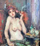 Interior with female nude, 9 x 8in by Ken Moroney, oil on board, sold Jun 2015