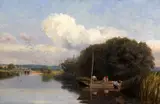 River landscape with reed cutters by John Henry Dearle, oil on canvas, sold Apr 2015
