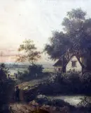 Landscape with traveller on a lane,inscribed verso,14 x 12in by Charles Morris, oil on wood, sold Apr 2015