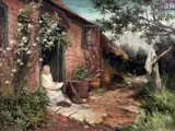 Seated girl in a cottage doorway by George Augustus Holmes, oil on canvas, sold Apr 2015