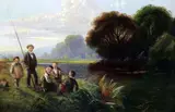 River scene with boys fishing by Edwin Henry Boddington, 1859, oil on board, sold Apr 2015