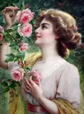 Lady picking pink roses by Émile Vernon, 1911, oil on canvas, sold Apr 2015
