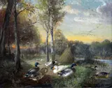 Ducks beside a lake by Julius Scheuerer, oil on canvas, sold Apr 2015