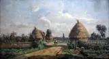 Landscape with figures beside haystacks by Adrien Jacques Sauzay, oil on wood, sold Apr 2015
