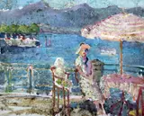 Mother and child beside the sea and Lemon treeslargest 20 x 24in by Thomas Brown Yates, oil, sold Apr 2015