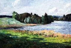 On The Thames,label verso,20 x 29in by Ronald Ossory Dunlop, oil on board, sold Apr 2015