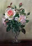 Pink roses in a glass vase by Albert Williams, oil on canvas board, sold Apr 2015
