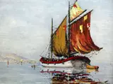 Fishing boat off the coast by Cecil Rochfort D'Oyly-John, oil on board, sold Apr 2015