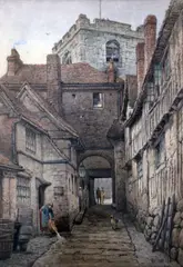 Street scene with tower in the background by William Pitt, 1880, watercolour, sold Apr 2015