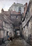 Street scene with tower in the background by William Pitt, 1880, watercolour, sold Apr 2015