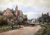 Village scene with figures on a lane,monogrammed and dated 1898,15 x 21in by William Pitt, 1898, watercolour, sold Apr 2015