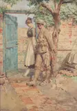 British soldier and maid at a garden gate by Fortunino Matania, watercolour, sold Apr 2015