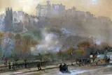 An omnibus and figures below Edinburgh Castle by Herbert Marshall, pencil and watercolour, sold Apr 2015