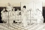 Caricature of a woman serving Bass ale to Eastern gentlemen,monogrammed and dated 1890,6 x 9in by Arthur Rackham, 1890, ink, sold Apr 2015