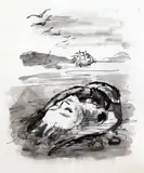 4 drawings,Woman on the shore with ship beyond, 8.5 x 7in by Jean Marchand, drawing, sold Apr 2015