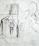 5 assorted drawings,pen and ink study of a figure at a table with Atelier stamp, a landscape and 3 figure studies,largest 8 x 10in., unframed by Jean Marchand, ink, sold Apr 2015