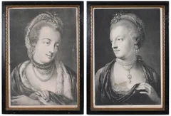 Elizabeth Gunning, Duchess of Argyll and Maria Gunning, Countess of Coventry (CS 20, 21), from Ladies, very elegantly attired in the fashion, and in the most agreeable attitudes, London 1761-62. "T, Frye 1761. by Thomas Frye, mezzotints on laid paper, sold Oct 2021